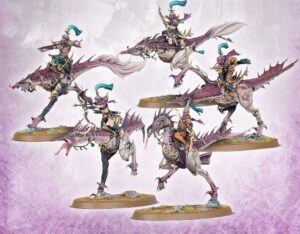 Official Games Workshop promotional image, depicting five blissbarb seekers, archers mounted on steeds of slaanesh