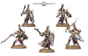 Official Games Workshop promotional image, depicting five gold armoured warriors with exotic swords and shields