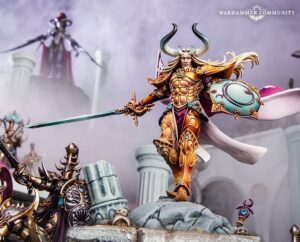 Official Games Workshop promotional image depicting Sigvald the Magnificent, a large warrior in gold armour with a sword and shield