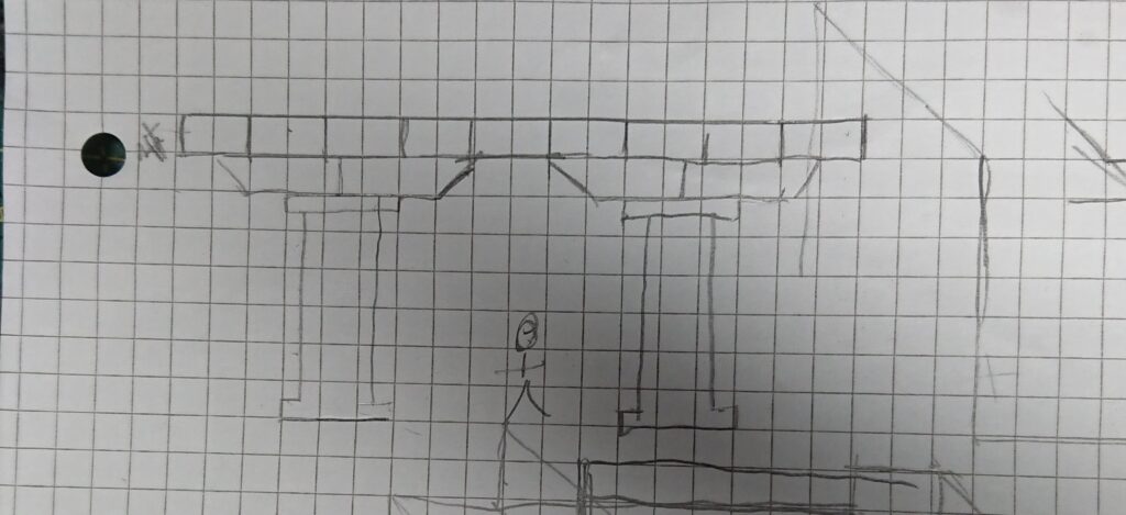 sketch of pillars n squared paper with stick figure drawn for scale