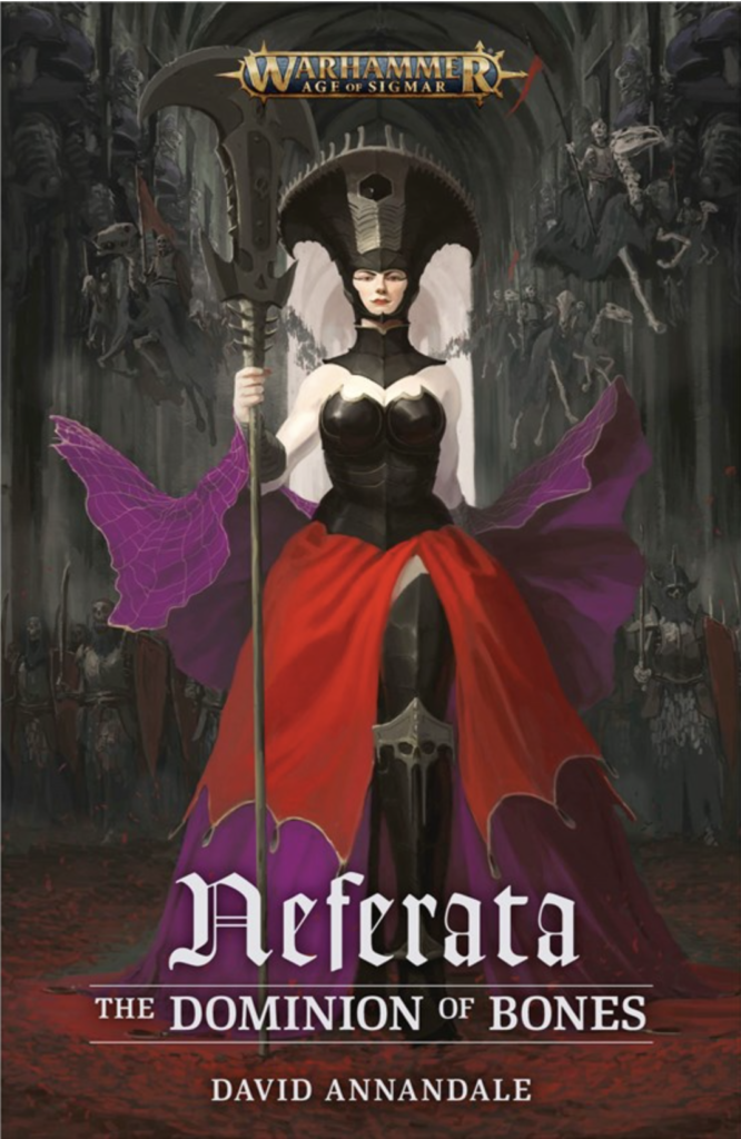 Neferata book cover with Neferata character pictured in a red dress. gothic text.