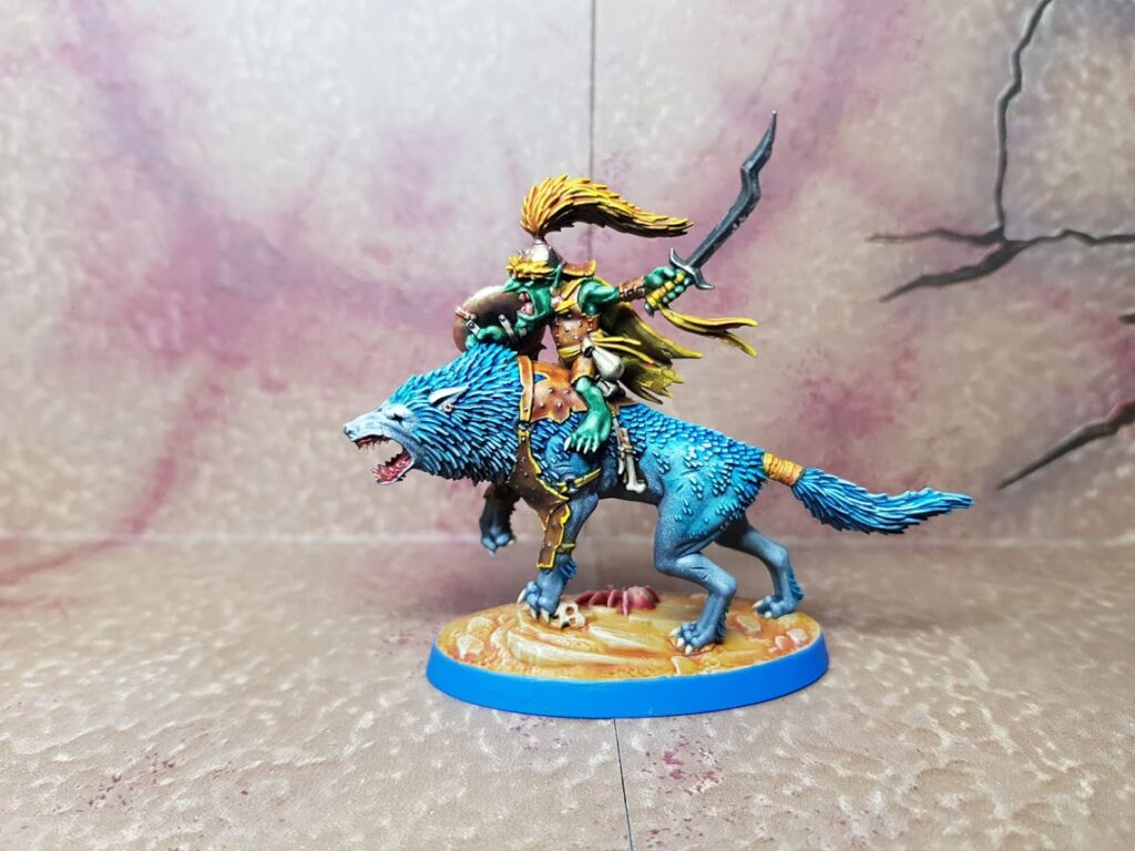 28mm goblin riding a blue wolf with a swords and shield