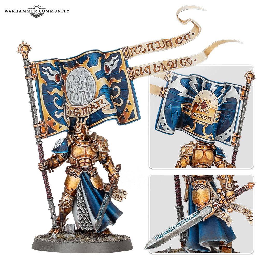 A model stormcast, a warrior in gold and blue armour, carrying a banner with the symbol of an anvil on it.