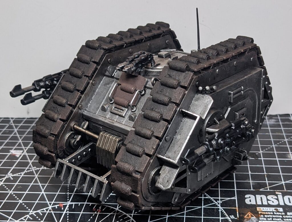 Front view of the vintage Rogue Trader-era Games Workshop Land Raider, with depth added through washes and some engine parts toned brown.