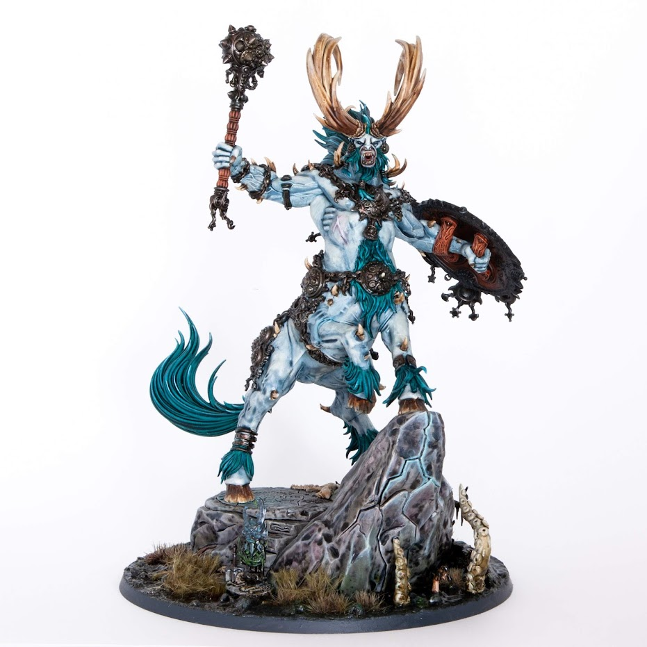 Large centaur beast kragnos, fully painted, in a light blue colour, with dark turquoise fur, on a white background