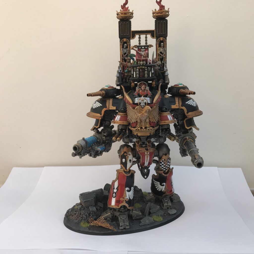 A converted bipedal knight warsuit from Games Workshop, with an open cockpit, platform and top, and a bell tower