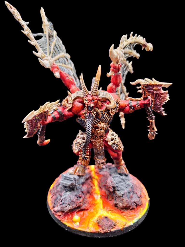 Skaarbrand the Bloodthirster on rocks with lava between. Front view.