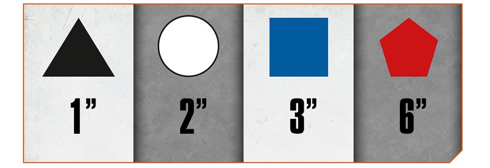 An image showing the shapes used for measuring in Kill Team, with their equivalent measurement in inches. From left to right: A triangle denoting 1 inch; A circle, denoting 2 inches; A square, denoting 3 inches; and a pentagon, denoting 6 inches.